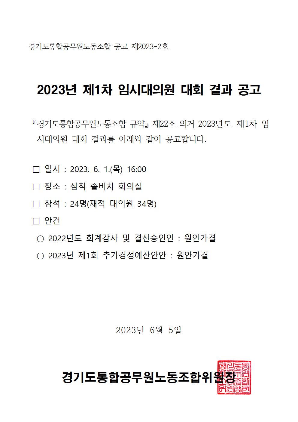 (공문) 2023년 제1차 임시대의원 대회 결과 공고2.jpg